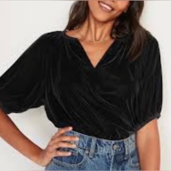 Old Navy Tops - Black Elbow-Sleeve Split-Neck Velvet Swing Blouse